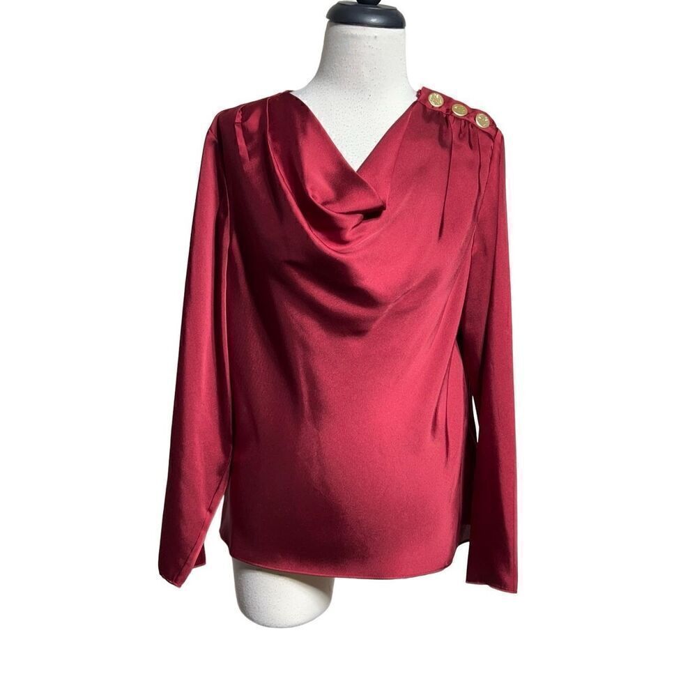 Donna Karan Red Long Sleeve Silky Cowl neck Blouse Size Small